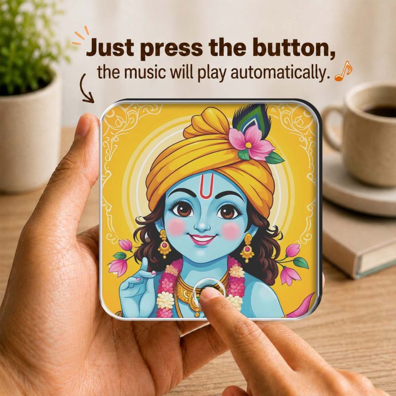 Lord Krishna Musical Fridge Magnet Spiritual Song Playing Frame Gift for Pooja Room, Office & Home Decor | Devotional Audio Player for Home, Temple & Meditation Peace & Positivity
